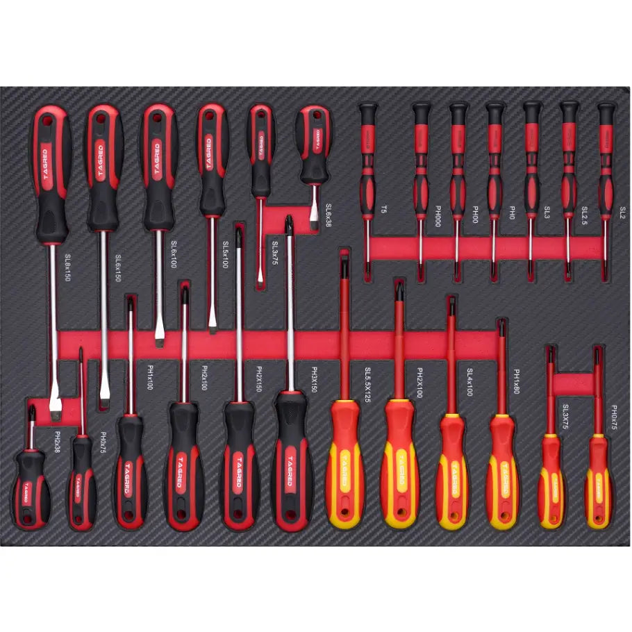 Skrutrekkere og bits fra Moto verktøysskap, oversiktlig plassert i svart skuminnlegg med fargede håndtak.