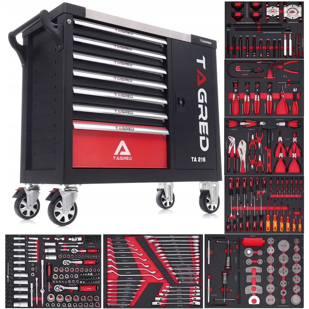 Moto verktøysskap og verkstedsvogn med seks skuffer, omgitt av nærbilder av sorterte håndverktøy.