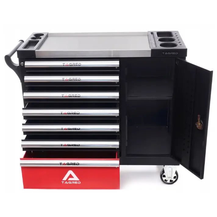 Moto verktøysskap verkstedsvogn, frontbilde med seks åpne skuffer, åpent skap og hjul for mobilitet.