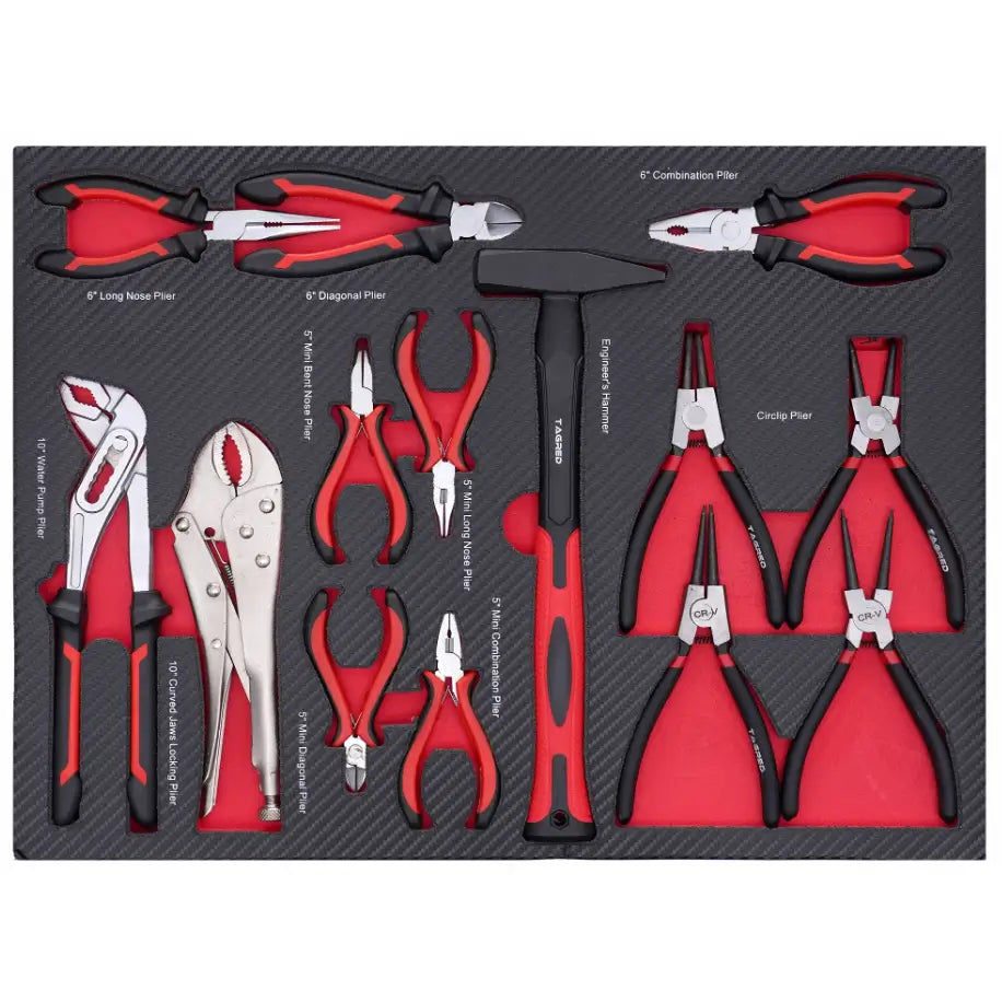 Moto verktøysskap innsats med tenger og hammer i sort og rød design, organisert og sett ovenfra.