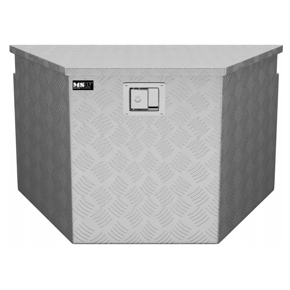 Msw aluminiumsverktøykasse 150L, frontbilde som viser mønstret sølvfinish, lås og skrå sider.