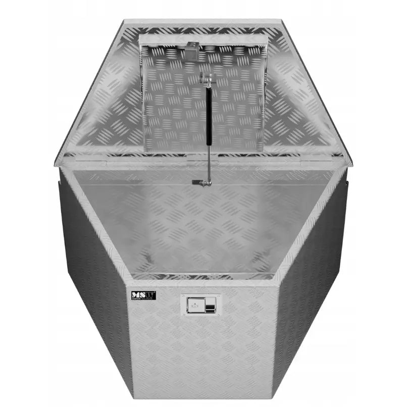 Msw aluminiumsverktøykasse 150L, åpent lokk med synlig gassdemper og rutete metallmønster foran.