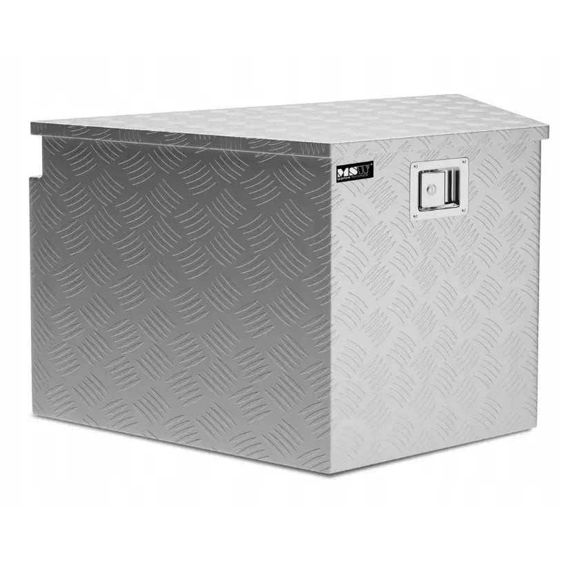 Msw aluminiumsverktøykasse 150L sett fra hjørne, viser riflet overflate, innfelt lås og robust lokk.