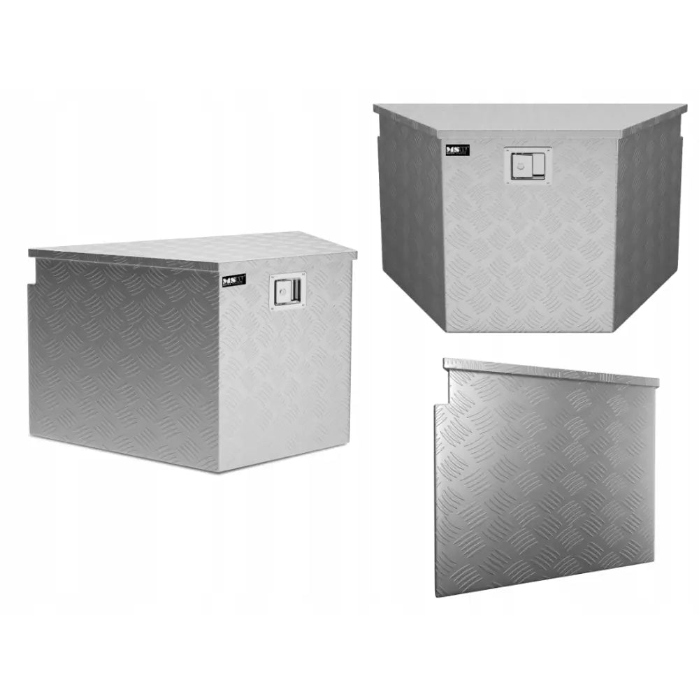 Msw aluminiumsverktøykasse 150L, sølvfarget med rutemønster og lås, sett fra tre vinkler mot hvit bakgrunn.