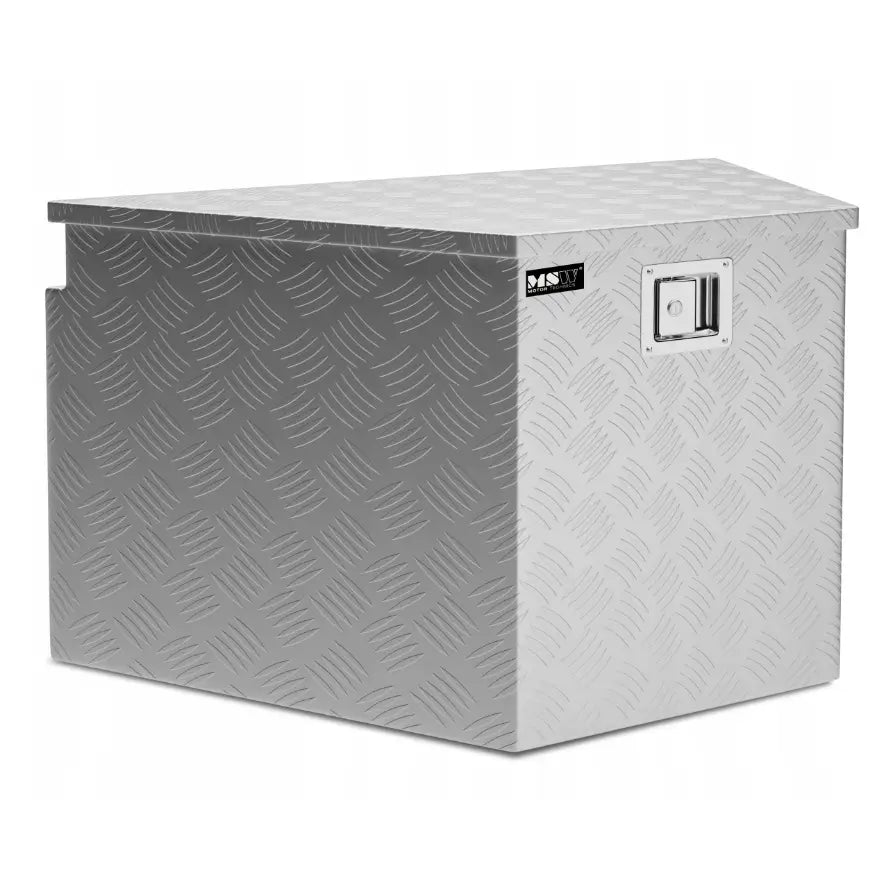 Msw aluminiumsverktøykasse 150L, skråvisning som fremhever riflet overflate, firkantet lås og diskret logo.