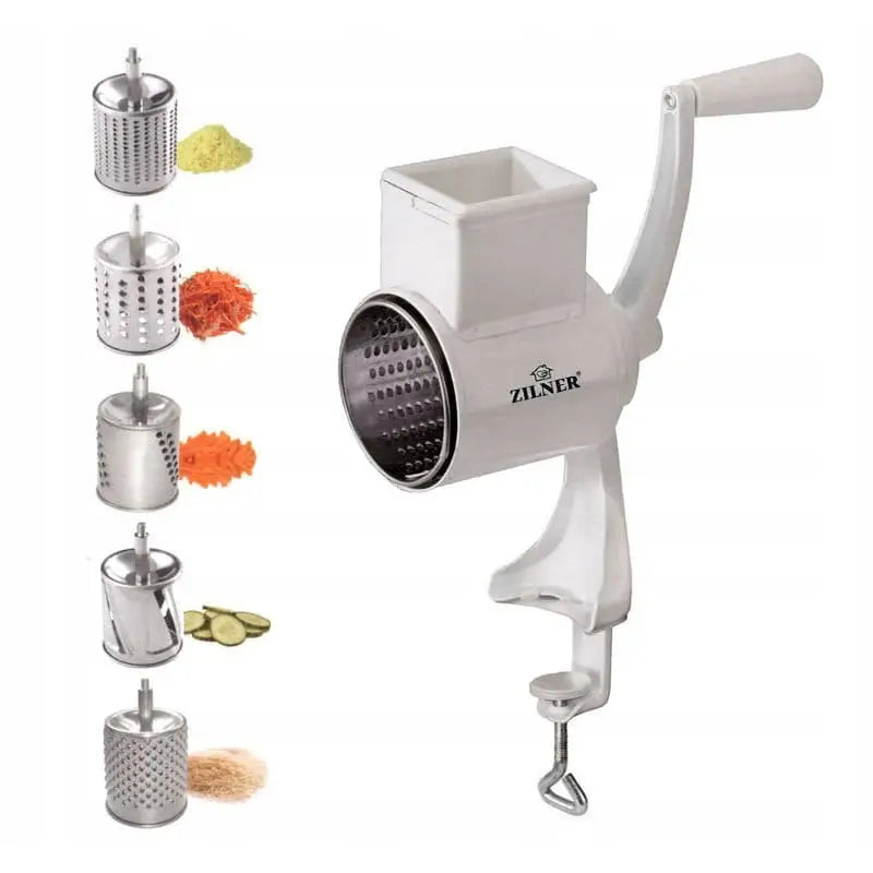 Multifunksjonell mølle for nøtter og grønnsaker med sveiv, bordfeste og fem ulike metalltromler.