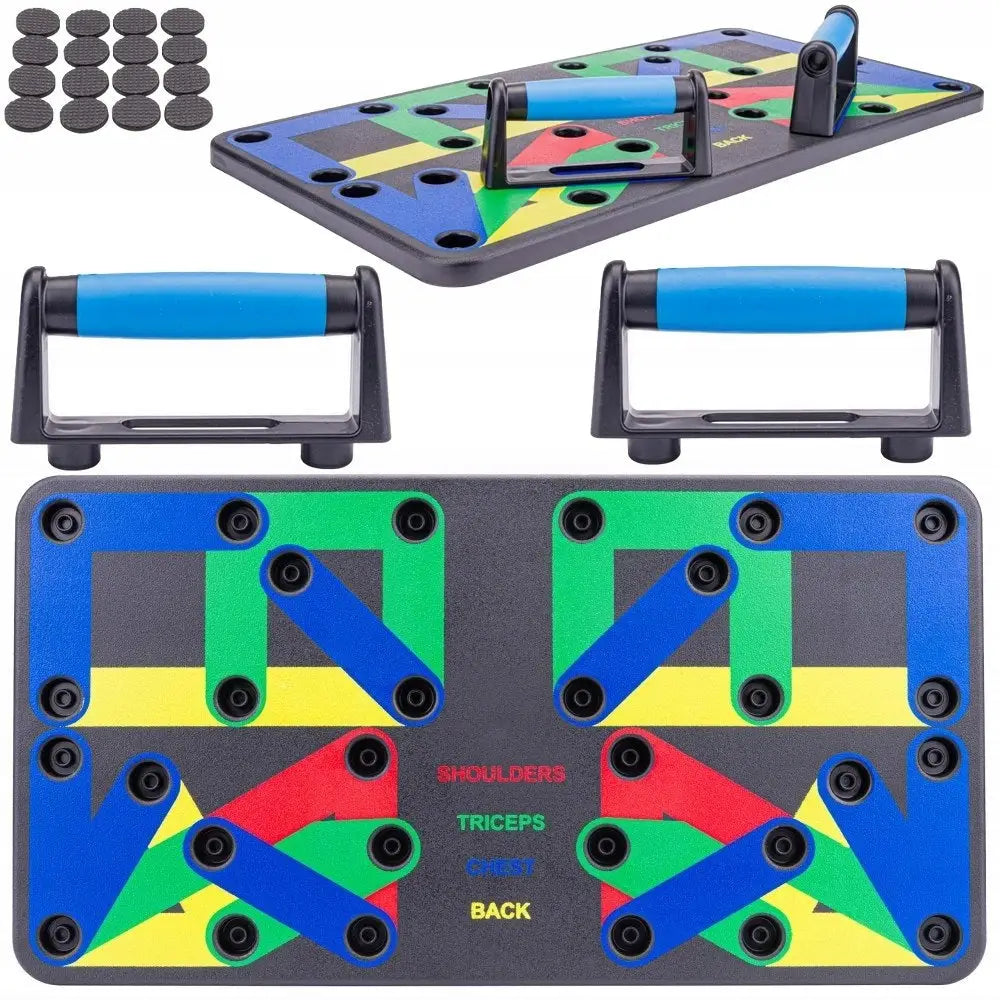 Multifunksjonelt push up brett med fargede spor, blå håndtak og sorte knotter vist separat.