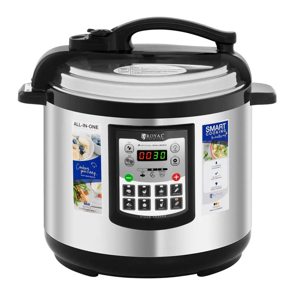 Multifunksjonell elektrisk trykkoker 8 L, frontvisning med digitalt display, knapper og fargede informasjonslapper.