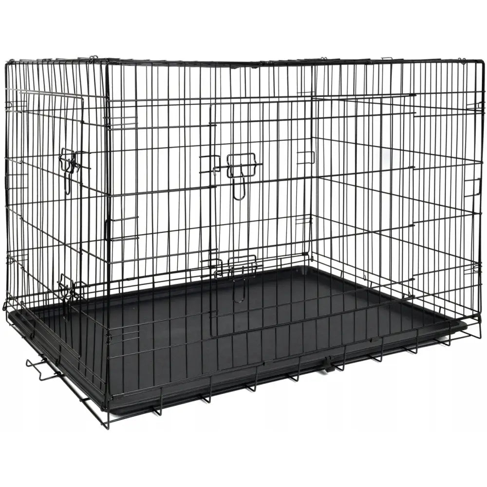 Multifunksjonelt metallbur XXL for dyr, sett skrått forfra med doble luker og uttakbar sort plastbunn.