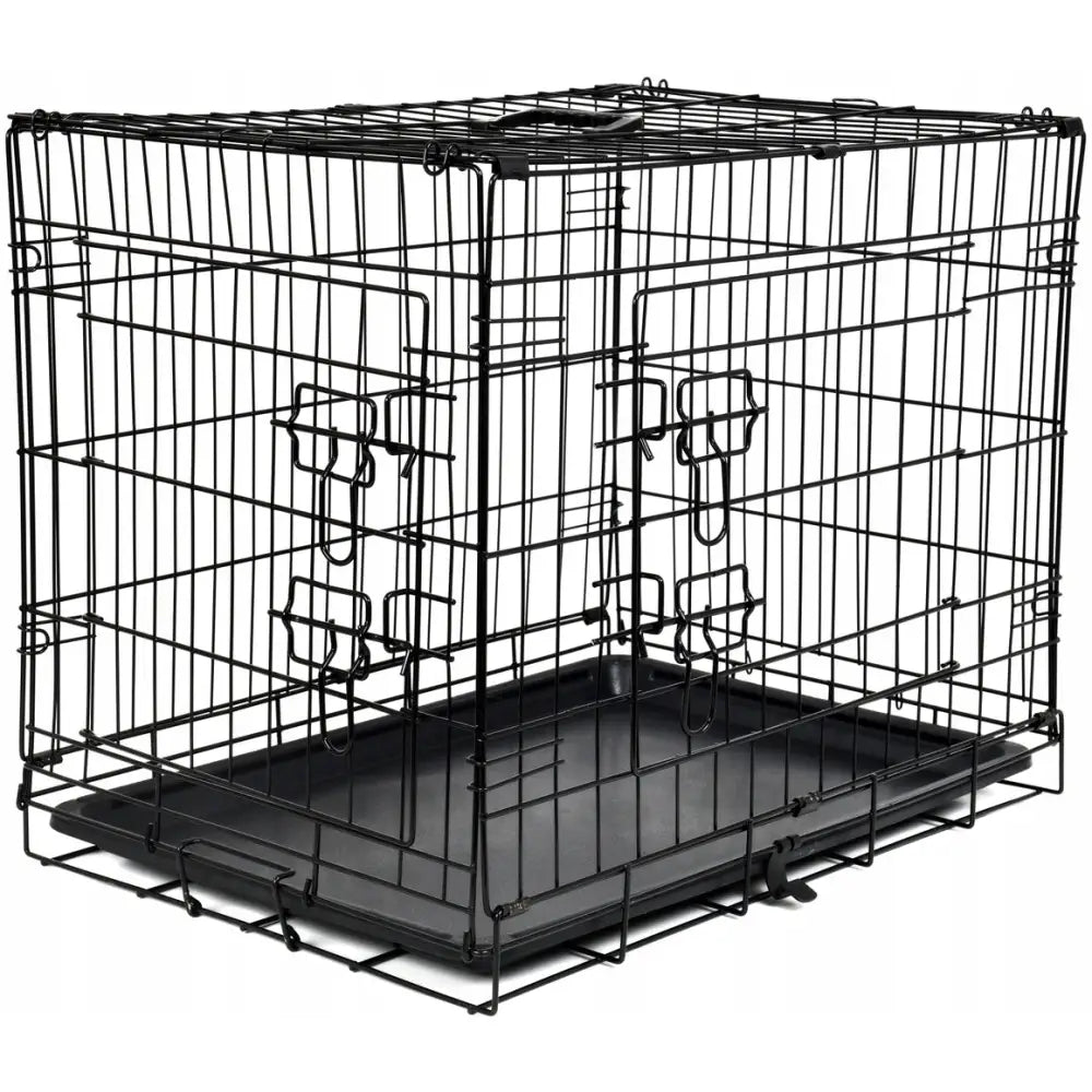 Multifunksjonelt metallbur for hunder og katter, hjørneperspektiv med doble låsbare dører og uttakbar plastbunn.