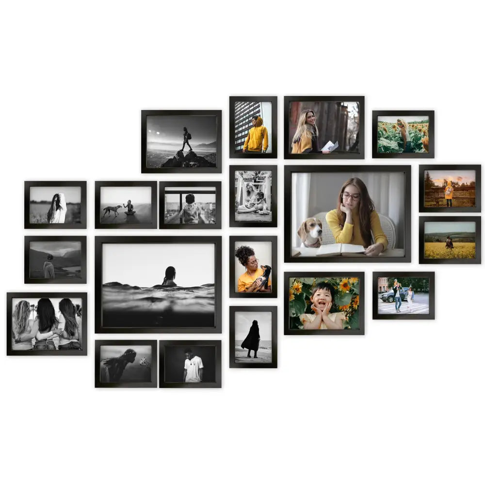 Multirama Lisboa bilderammer i svart, asymmetrisk collage med ulike foto i farge og svart-hvitt på hvit vegg.