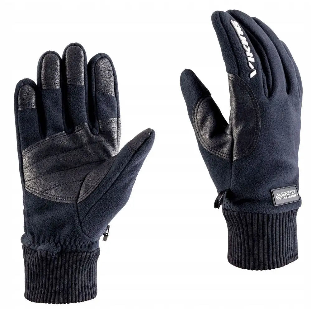 Multisportshansker Viking Solano i mørkeblått, vist forfra og bakfra med ribbestrikk og GORE-TEX-detalj.