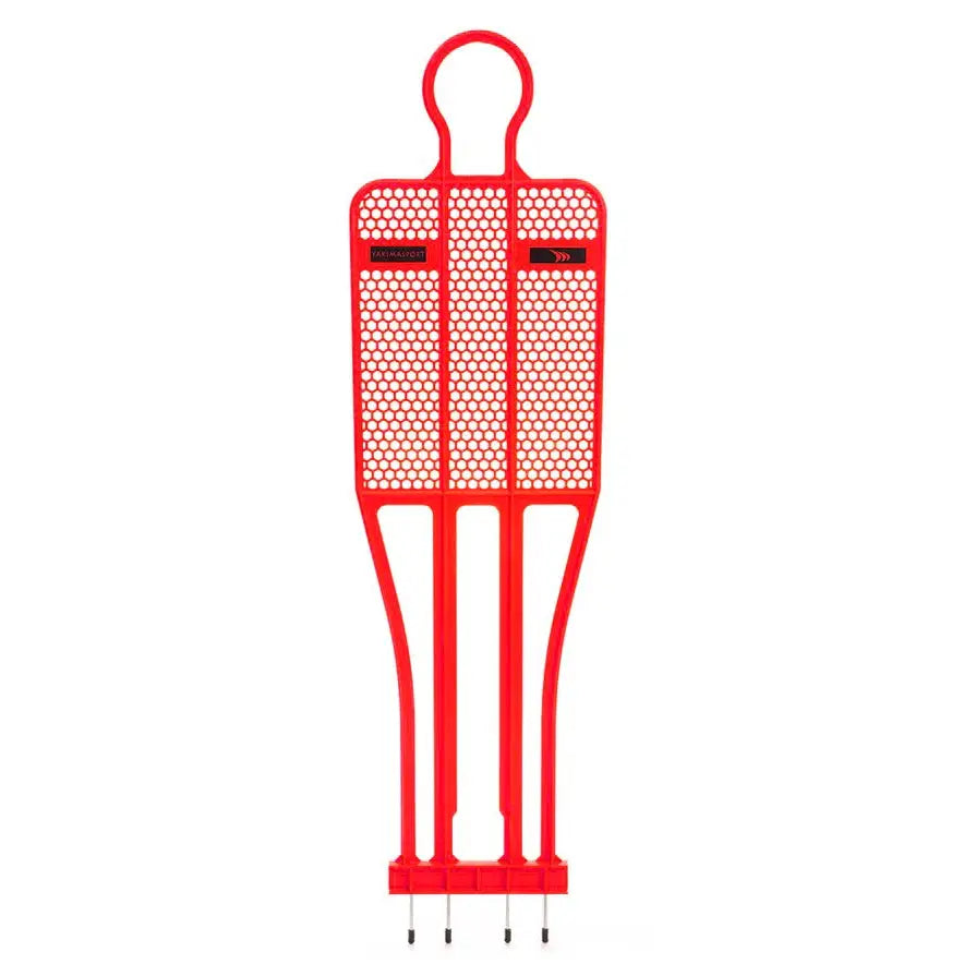 Mur Fotball PRO 180 cm, rød treningsfigur i plast med perforert mønster og fire metallspyd, frontvisning.