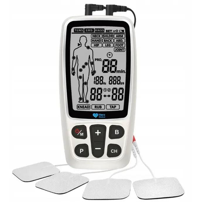 Muskelstimulator med LCD-skjerm, synlige elektrodepads og frontpanel med flere funksjonsknapper.