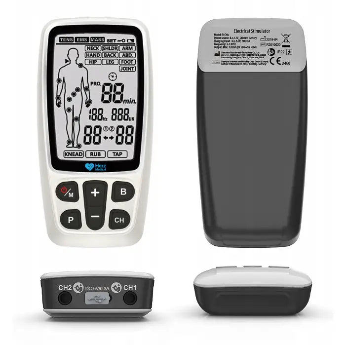 Muskelstimulator med digital skjerm, store knapper og flere visninger av enheten fra ulike vinkler.