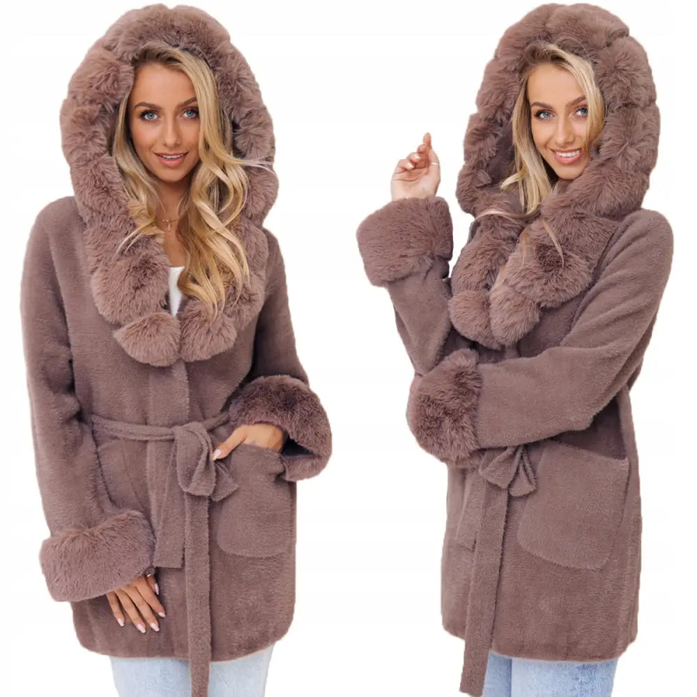 Myk Alpakka med Fuskepels Frakk med Belte - Brun v