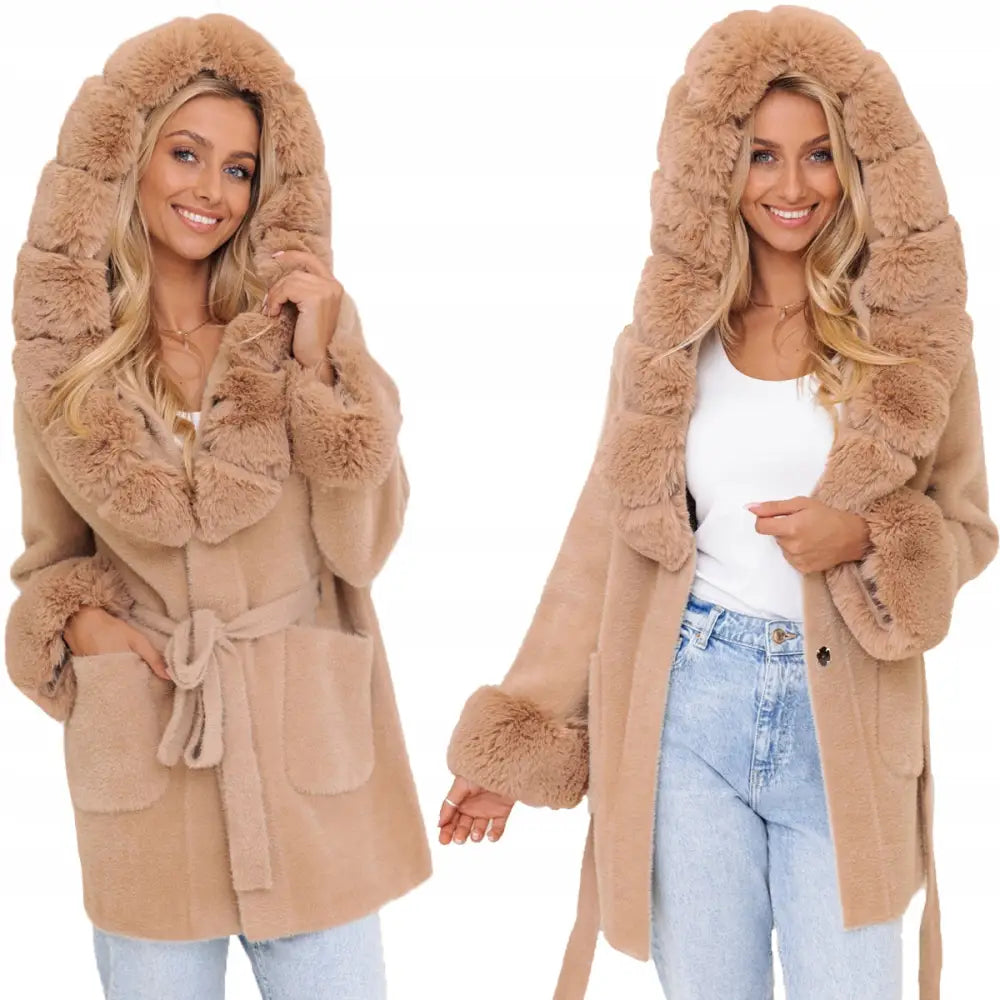 Myk Alpakka med Fuskepels Kåpe med Belte - Brun