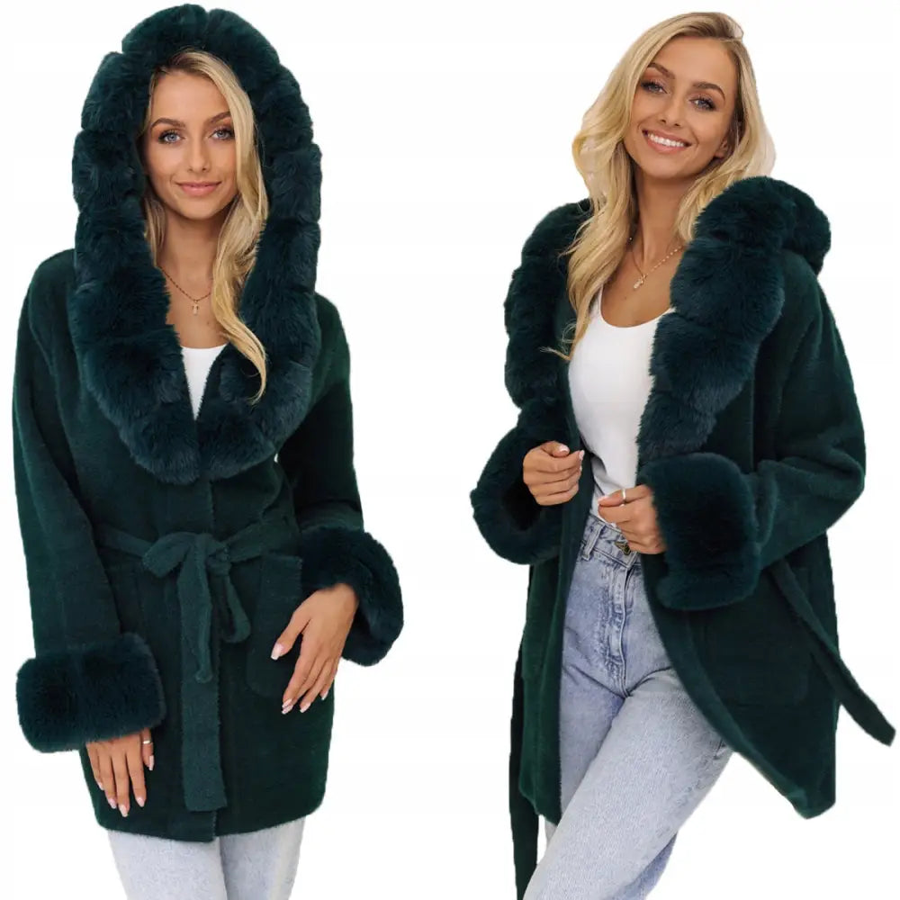 Myk Alpakka med Fuskepels Kåpe med Belte - Grønn v