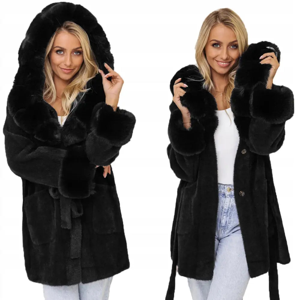 Myk Alpakka med Pelsfrakk med Belte - Svart v