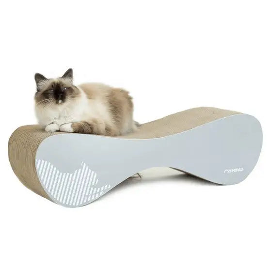 Mykotty Vigo grå katteklorestativ med katt som hviler på det bølgeformede pappbrettet med lyseblå sidepaneler.