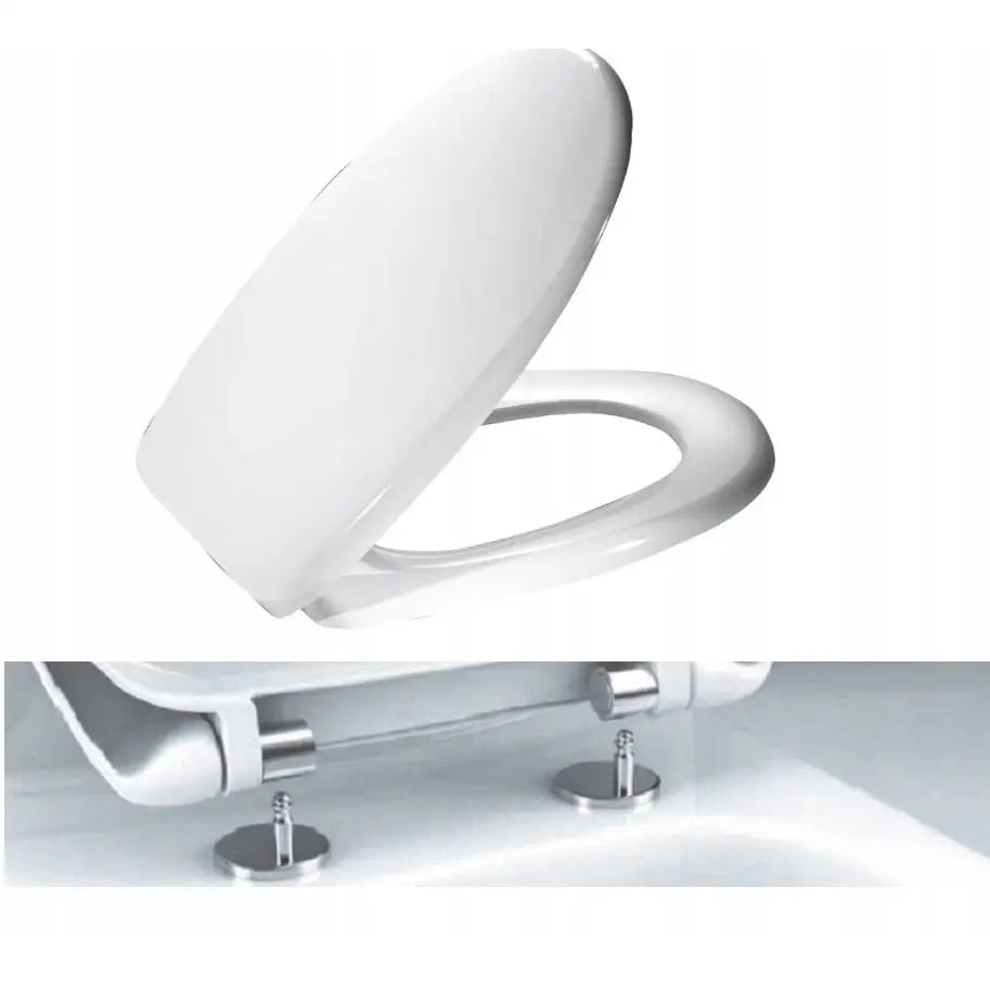 Myndig nedsenkbart toalettsete til Cersanit Delfi, hvitt med metallfester og minimalistisk design.