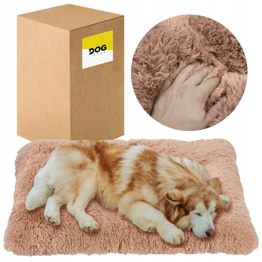 Myseskjønt rektangulær rosa hundeseng 100x70 cm, fluffy plysj med sovende hund og synlig produkteske.