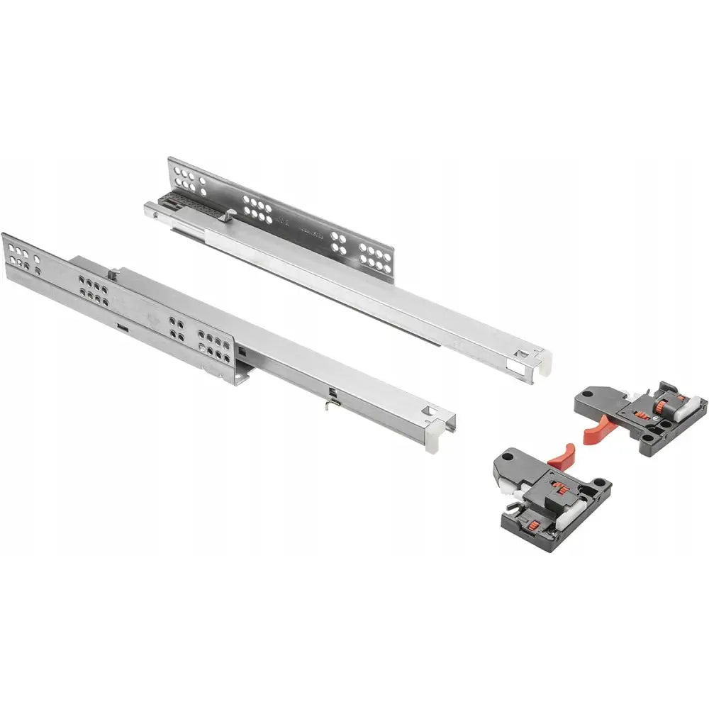 Na5 GTV skuffeskinner, sett skrått ovenfra med synlige monteringshull og røde utløsermekanismer på hvit bakgrunn.