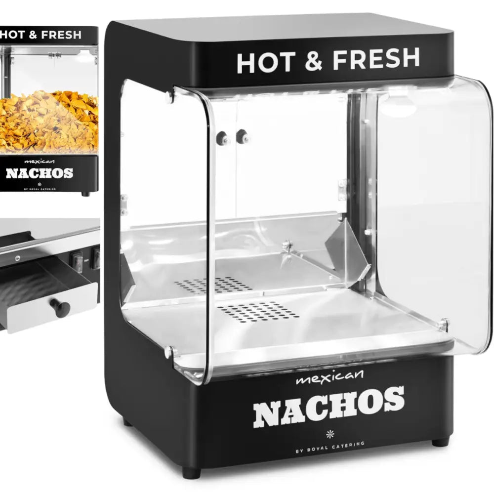 Nachos maskinvarmer med buede glasspaneler, rustfritt interiør og teksten "HOT & FRESH" synlig på toppen.