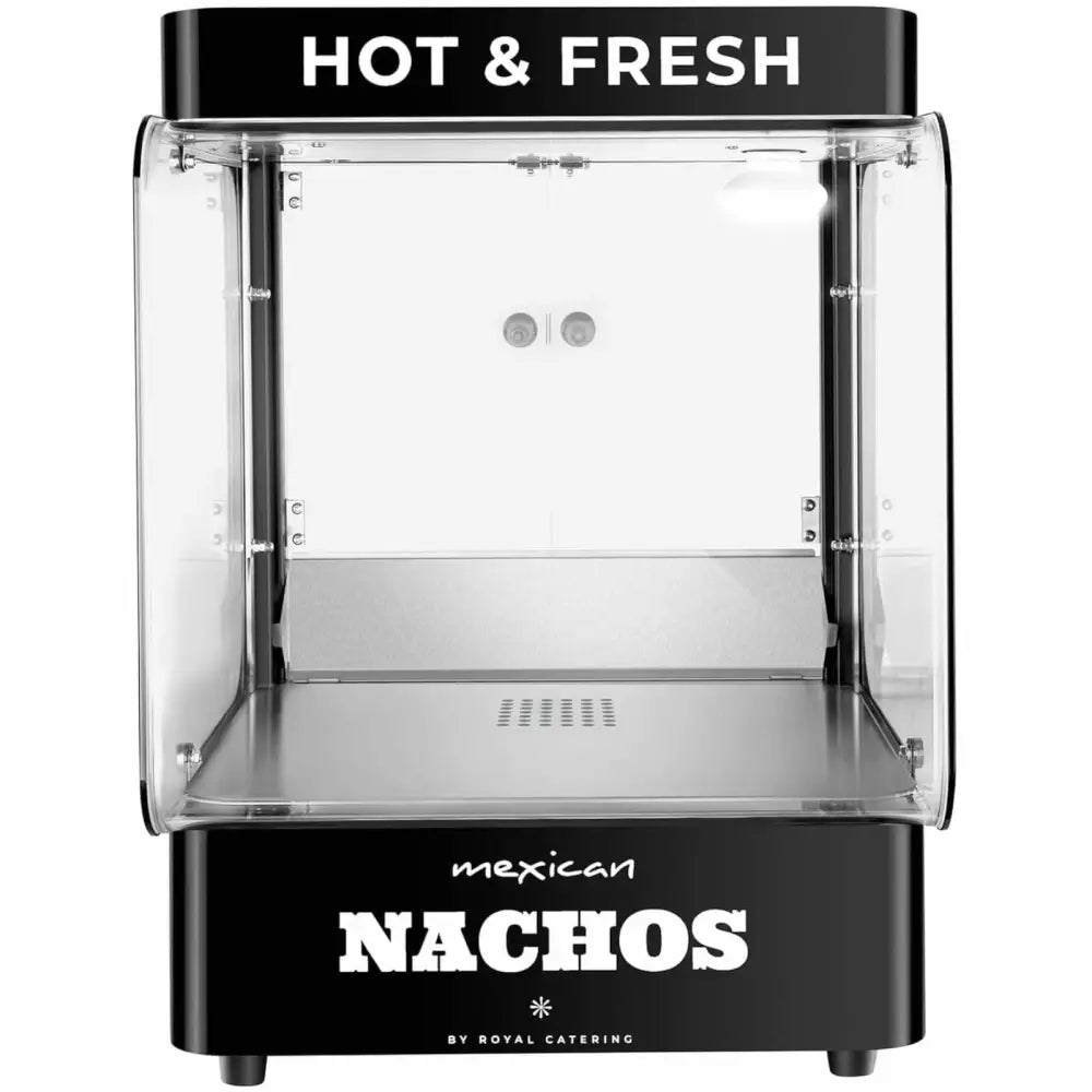 Nachos maskinvarmer, frontvisning med teksten "HOT & FRESH" og "mexican NACHOS", detaljer i rustfritt stål.
