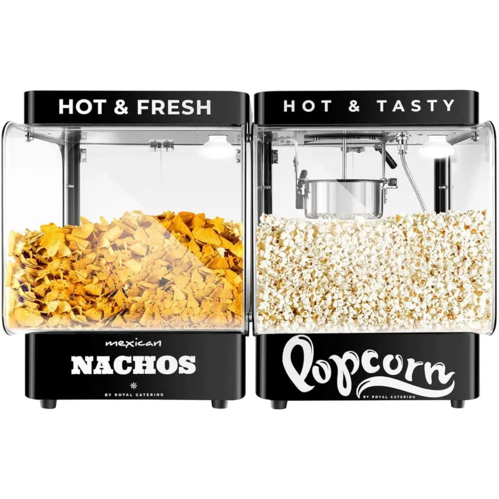 Nachos maskinvarmer med to kamre, venstre side fylt med nachos og høyre side med popcorn, frontvisning.