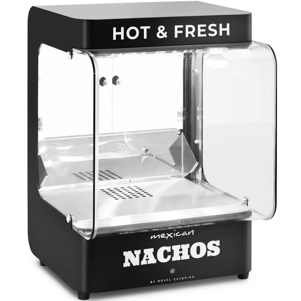 Nachos maskinvarmer med sort ramme, store glassflater og teksten "HOT & FRESH" synlig foran fra skrå vinkel.