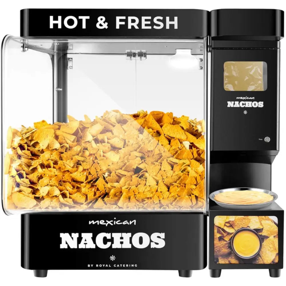 Nachos maskinvarmer med gjennomsiktig kammer fylt med nachochips og skål med ostedipp, frontvisning.