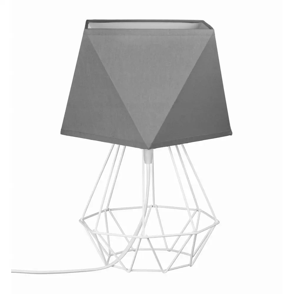 Nattlampe Diamant med grå geometrisk skjerm og hvit metalltrådsfot, sidevisning mot hvit bakgrunn.