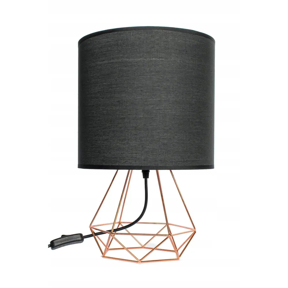 Nattlampe Golden Rose, svart bordlampe med sylinderformet skjerm og kobberfarget geometrisk fot.