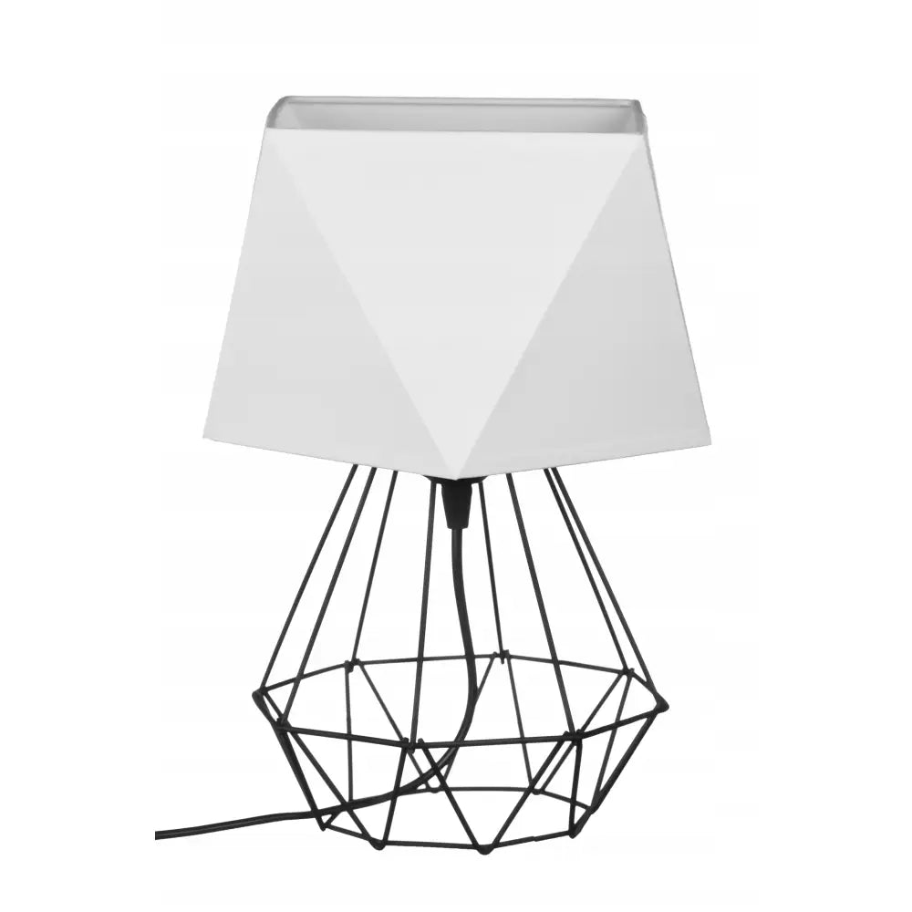 Nattlampe med hvit diamantformet skjerm og sort metalltrådsunderstell, frontvisning mot lys bakgrunn.
