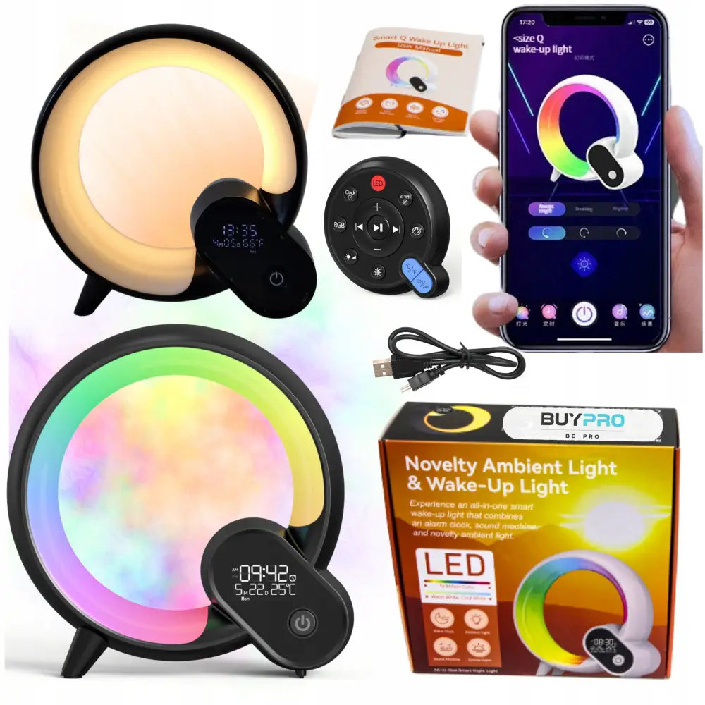 Nattlampe med LED-display, visning av klokke, dato og temperatur, samt fjernkontroll, app og tilbehør.