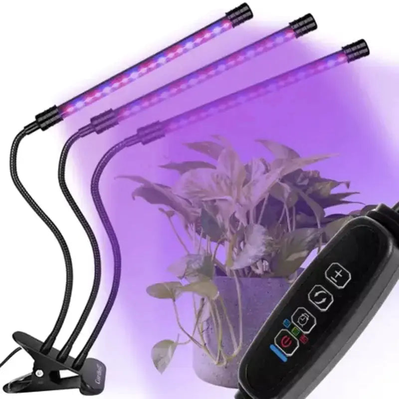 Tre fleksible LED-plantevekstlys med lilla lys, svart klemme og fjernkontroll over potteplanter.