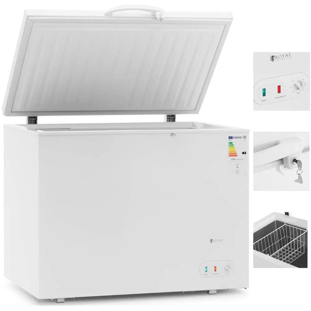 Nedkjølingsboks med lås, åpent lokk og synlig trådkurv, kontrollpanel og nøkkellås i nærbilde.