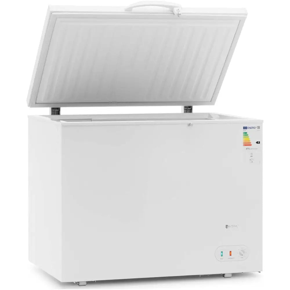 Nedkjølingsboks med lås, åpent lokk, synlig energimerke og kontrollpanel nederst til høyre.