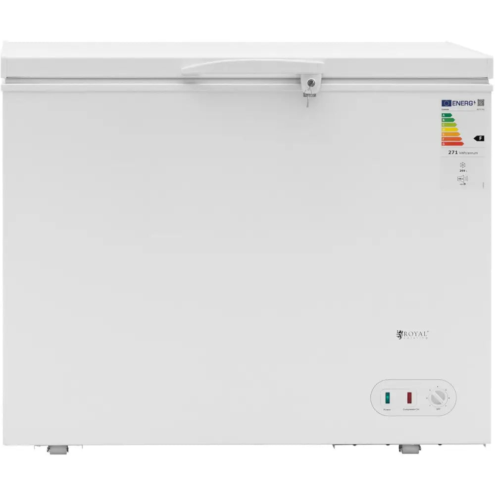 Nedkjølingsboks med lås og nøkkel, frontvisning med synlig håndtak, energimerke og betjeningspanel.