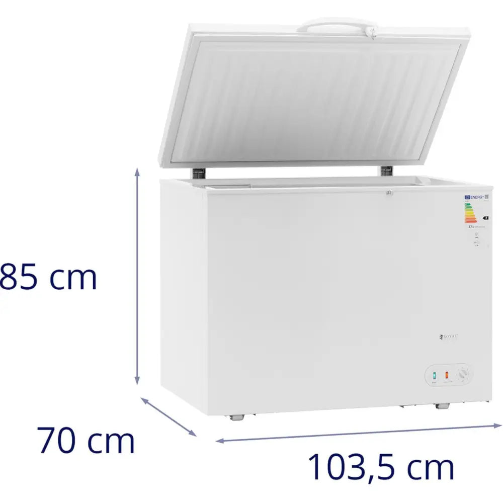 Nedkjølingsboks med lås, hvit metall, åpent lokk, synlige mål og én uttrekkbar kurv fra siden.