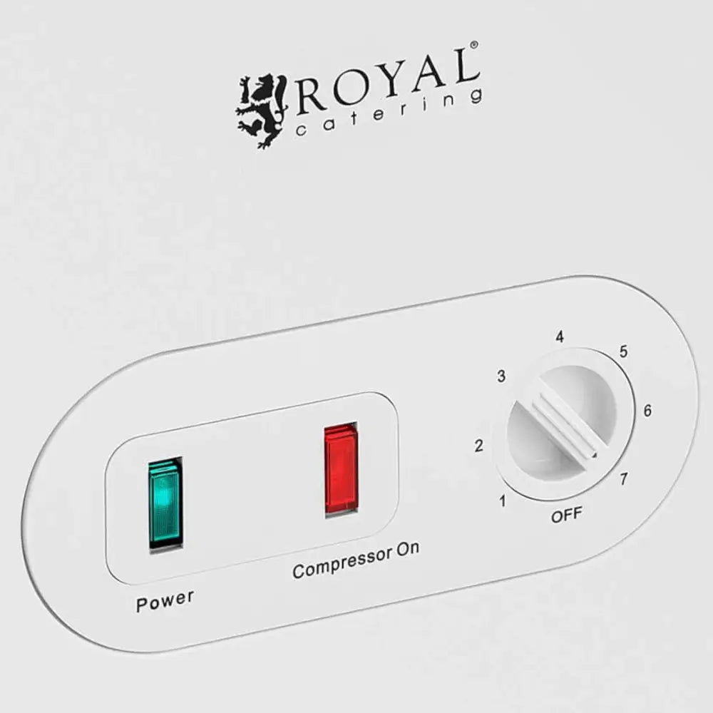 Nedkjølingsboks kontrollpanel med grønn og rød indikatorlampe, samt justerbar hvit temperaturbryter.