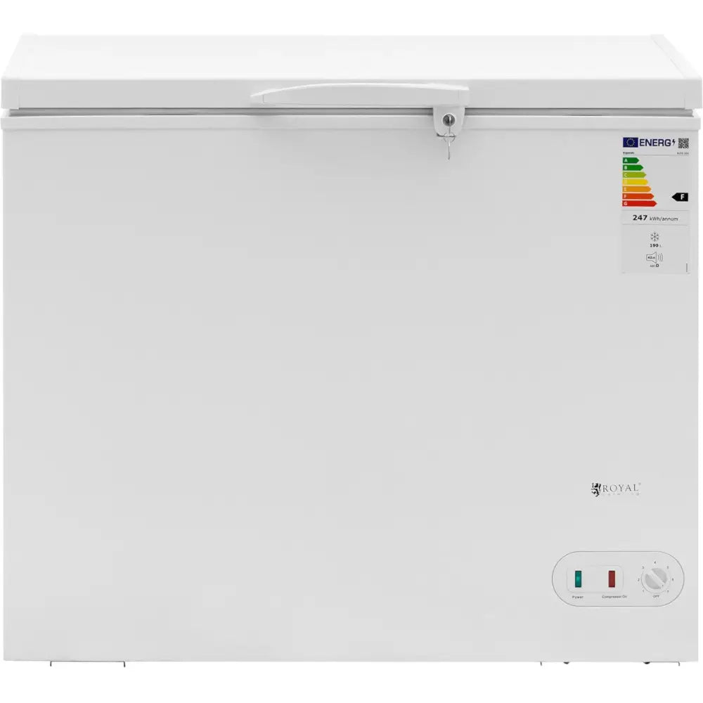 Nedkjølingsboks med låsbart deksel, frontbilde som viser håndtak, lås, energimerke og kontrollpanel.