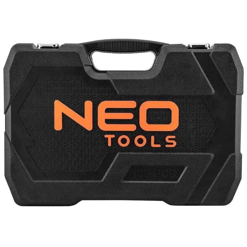 Neo nøkkelsett i sort hardplastkoffert med oransje logo, frontvisning av solid bærehåndtak og forsterkede kanter.