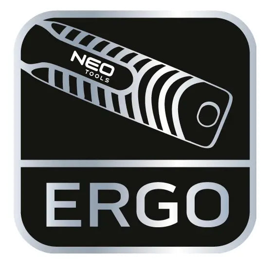 Neo Nøkkelsett-ikon, firkantet design med håndtak, oransje "NEO TOOLS" og tydelig "ERGO"-skrift nederst.