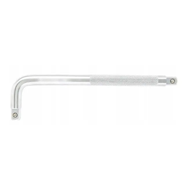 L-formet sølvfarget hylsenøkkel fra Neo nøkkelsett, sideprofil med rillede grep og firkantfester i begge ender.