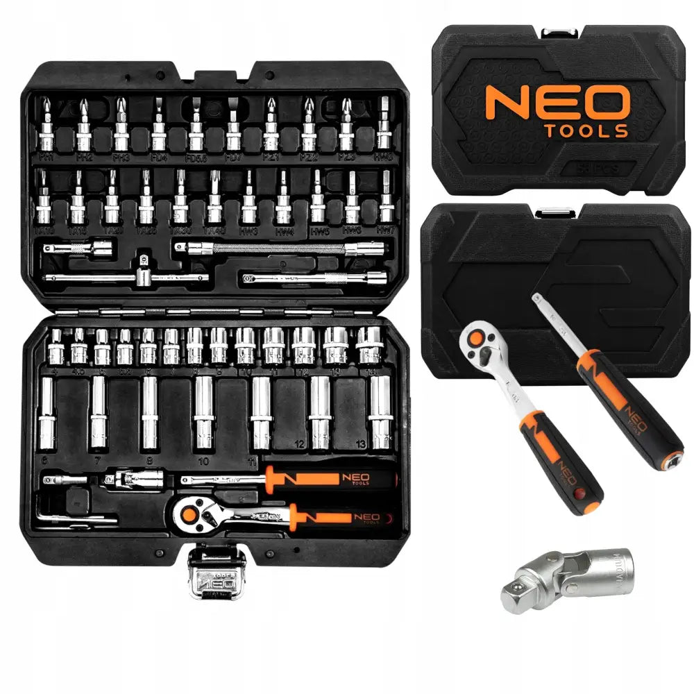 Neo pipenøkkelsett i sort koffert, åpent med 53 deler, inkludert bits, hylser og to skraller.