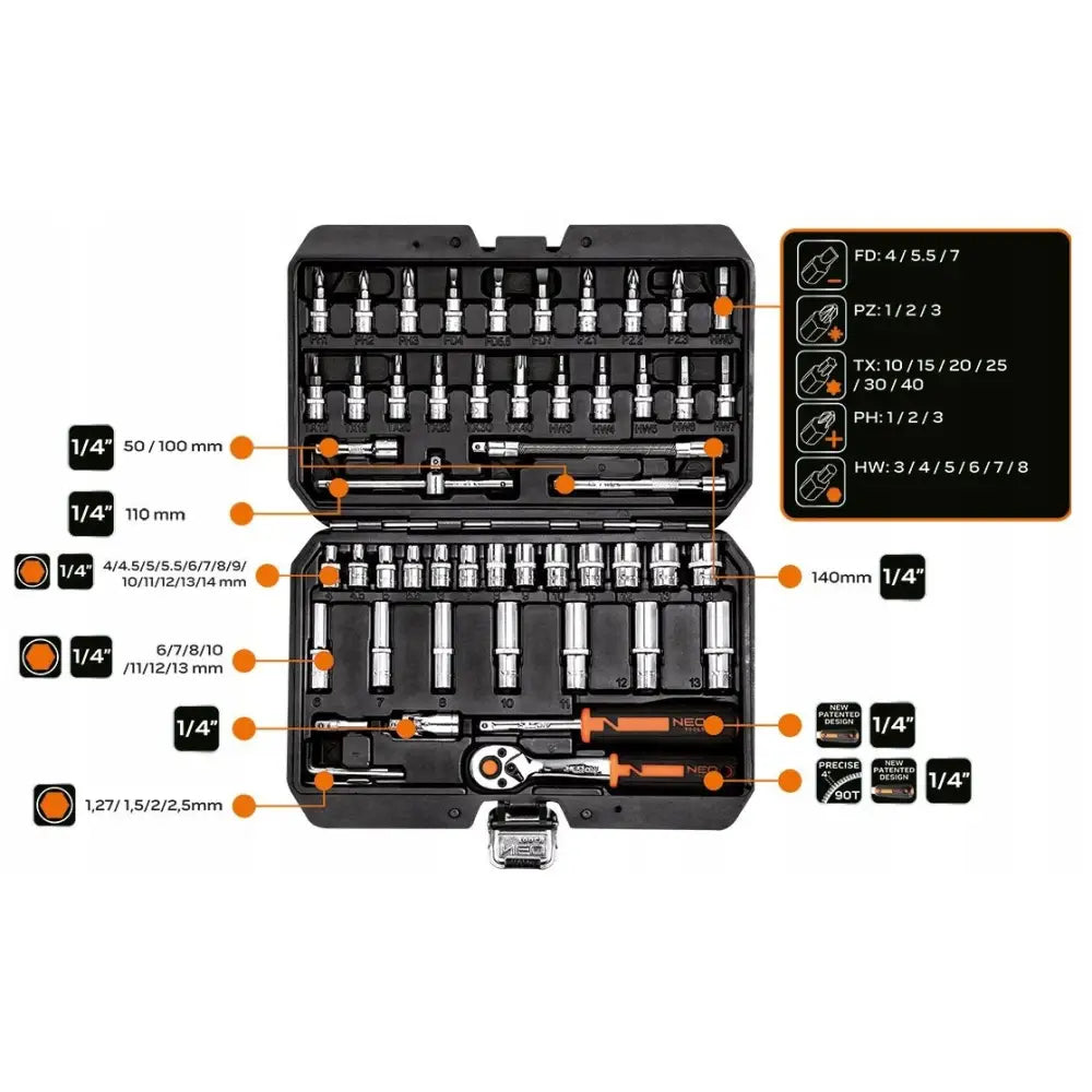 Neo pipenøkkelsett 1/4", åpent i sort koffert med 53 deler, tydelig organiserte nøkler, bits og størrelsesmarkeringer.