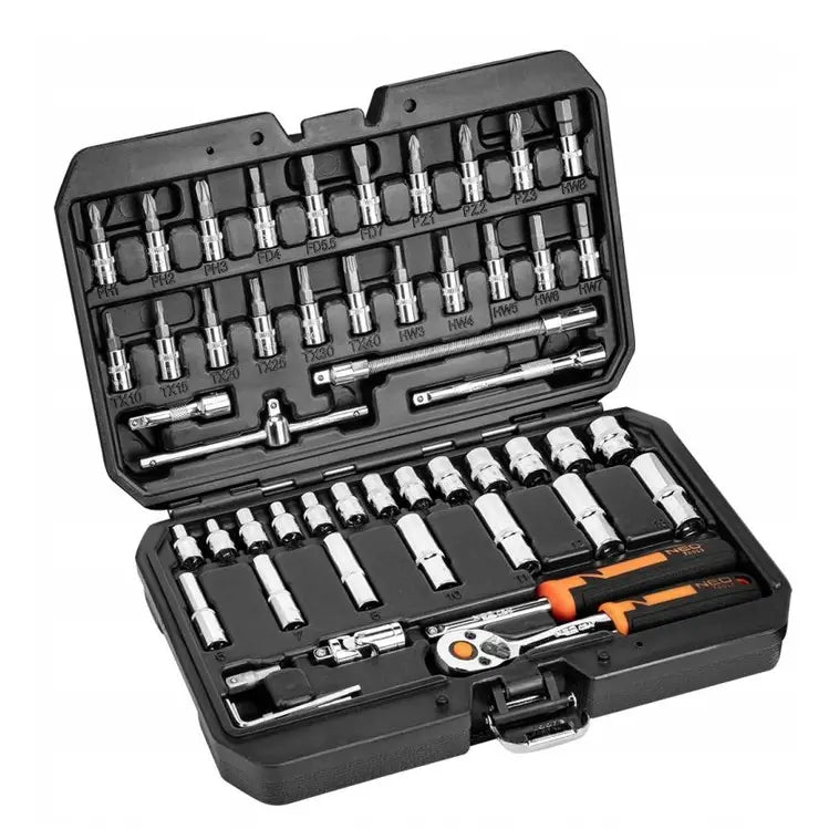 Neo pipenøkkelsett i åpen sort koffert, viser 53 deler med piper, bits, skralle og skrutrekker.