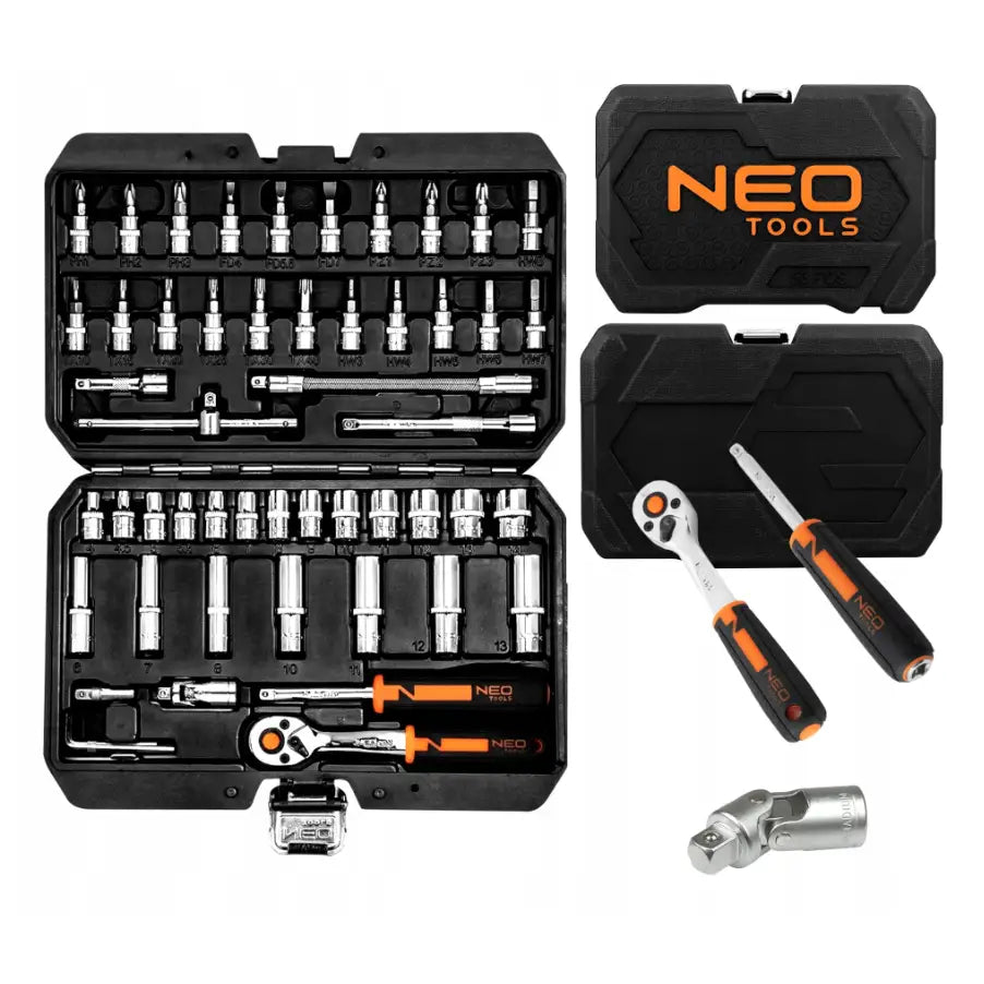 Neo pipenøkkelsett 1/4" i sort koffert, åpent med synlige bits, piper, håndtak og skjøteledd.